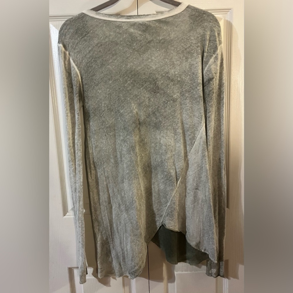 Free People Long Beach Pullover Asymmetrical Distressed Wash Olive T Shirt (S) - Picture 3 of 9